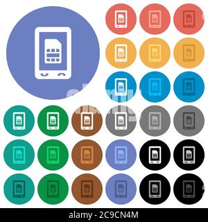 Icônes plates multicolores de la carte SIM mobile sur fond rond. Inclut des variantes d'icônes blanches, claires et sombres pour les effets de survol et d'état actif, et Illustration de Vecteur