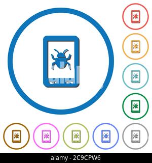 Logiciels mobiles malveillants icônes vectorielles couleur plates avec ombres dans des contours ronds sur fond blanc Illustration de Vecteur