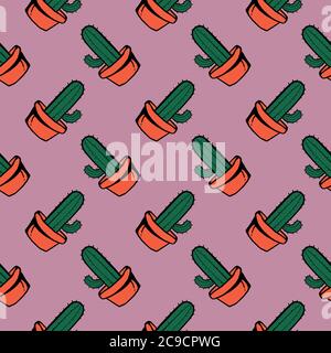 Cactus dans un pot, motif sans couture sur fond rose. Illustration de Vecteur