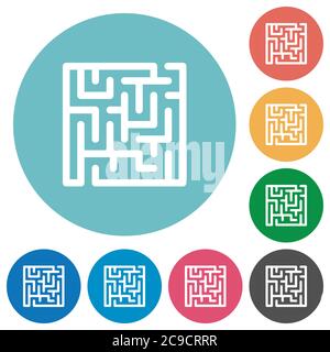 Icônes blanches plates en labyrinthe sur des arrière-plans de couleur ronde Illustration de Vecteur