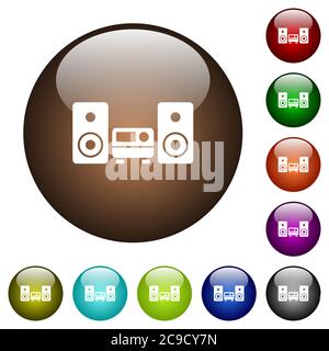 Icônes blanches du système stéréo sur les boutons ronds en verre Illustration de Vecteur