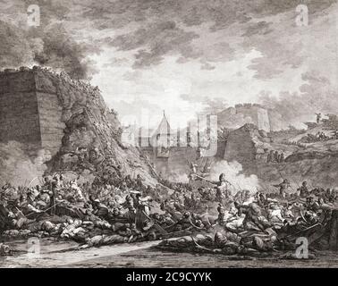 Des troupes russes ont pris d'assaut la forteresse d'Ochakov (aujourd'hui Ochakov, Ukraine) dirigée par le prince Grigory Potemkin et Alexandre Suvorov pendant le second siège d'Ochakov, 1788, dans la guerre russo-turque de 1787 - 1792. Banque D'Images
