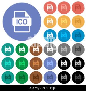 Icônes plates multicolores au format de fichier ICO sur fond rond. Inclut des variantes d'icônes blanches, claires et sombres pour les effets de survol et d'état actif, et Illustration de Vecteur