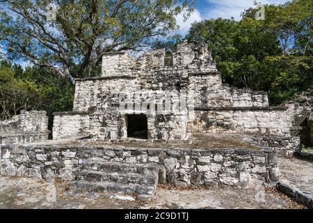 Structure 7H-3 dans les ruines de la ville maya de Muyil ou Chunyaxche dans la réserve mondiale de biosphère de Sian Ka'an UNESCO à Quintana Roo, Mexique. Banque D'Images