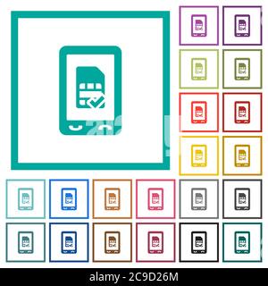 Les icônes de couleur plate de la carte de mémoire mobile sont acceptées avec des cadres quadrants sur fond blanc Illustration de Vecteur