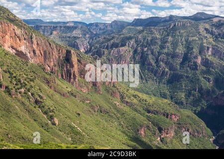 Vue panoramique du canyon de Batopilas, État de Chihuahua, Mexique. Fait partie du complexe de Copper Canyon. Rivière Batopilas au coin inférieur droit. Banque D'Images