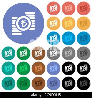 La livre turque affiche des icônes plates multicolores sur fond rond. Inclut des variantes d'icônes blanches, claires et sombres pour les effets de survol et d'état actif, Illustration de Vecteur