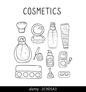 Icônes de maquillage et de soin de la peau. Produits et accessoires pour la beauté. Ensemble de panneaux simples pour femmes. Éléments de visualisation. Graphique vectoriel tracé à la main Illustration de Vecteur