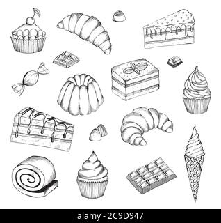 Ensemble de desserts vectoriels dessinés à la main. Desserts boulangerie modèle de bannière vectorielle. Gâteaux dessinés à la main petits pains, crème glacée, chocolat et bonbons. Illustration de Vecteur