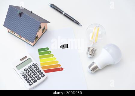Tableau des niveaux d'énergie avec ampoules. Concept d'efficacité énergétique Banque D'Images