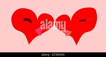 baiser de deux coeurs rouges avec des yeux resserrés et des lèvres bouffies Illustration de Vecteur