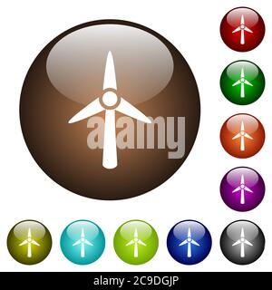 Icônes blanches de l'éolienne sur des boutons ronds en verre de couleur Illustration de Vecteur