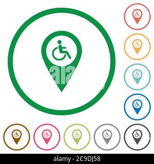 Accessibilité pour les personnes handicapées carte GPS emplacement icônes de couleur plate dans des contours ronds sur fond blanc Illustration de Vecteur