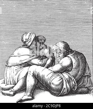 Homme assis sur le sol avec femme et enfant, Adamo Scultori, après Michel-Ange, 1585, gravure vintage. Illustration de Vecteur