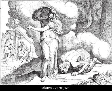 Minerva montre Ithaca à Odysseus, quand Odysseus se réveille sur une île qui lui est étrange et couverte de brume, il rencontre Minerva, gravure vintage. Illustration de Vecteur