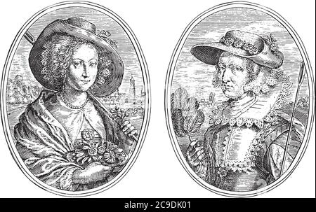 Deux scènes sur une feuille d'album. À gauche, le portrait de Magdalena van de passe comme Apellina V.T.A., gravure ancienne. Illustration de Vecteur