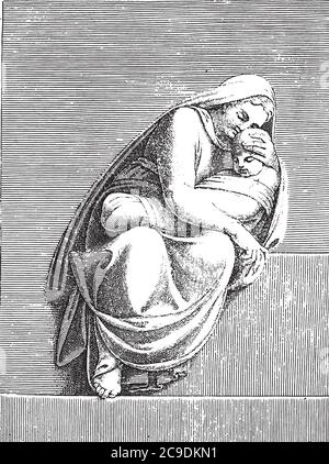 Femme assise avec un enfant à son tour, Adamo Scultori, après Michel-Ange, 1585, gravure vintage. Illustration de Vecteur