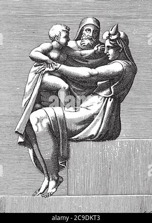 Femme assise avec enfant et vieil homme, Adamo Scultori, d'après Michel-Ange, 1585, gravure vintage. Illustration de Vecteur