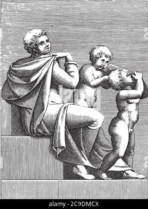 Jeune homme assis avec deux enfants, Adamo Scultori, d'après Michel-Ange, 1585, gravure vintage. Illustration de Vecteur