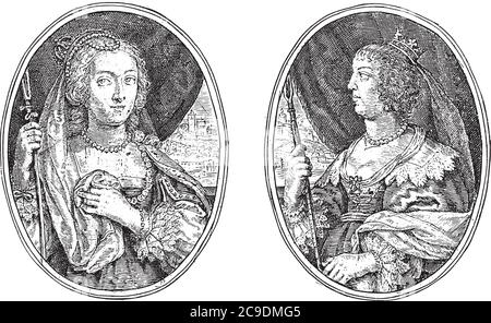 Deux scènes sur une feuille d'album. Sur la gauche, le portrait de la Reine du Danemark comme Hesperida R.D. Sur la droite le portrait de Maria de Nemours, Duches Illustration de Vecteur