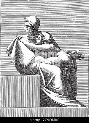 Homme assis avec enfant, Adamo Scultori, d'après Michel-Ange, 1585, gravure vintage. Illustration de Vecteur