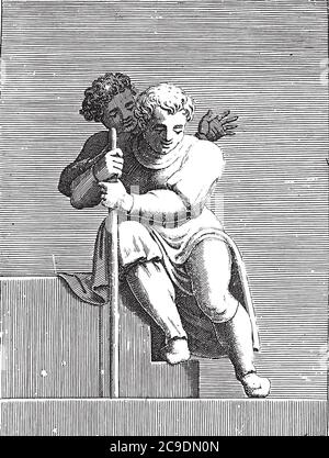 Homme assis avec un bâton et un enfant, Adamo Scultori, d'après Michel-Ange, 1585, gravure vintage. Illustration de Vecteur