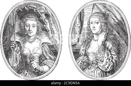 Deux scènes sur une feuille d'album. À gauche, peut-être le portrait de la duchesse de Lorraine (Elizabeth de Lorraine?), gravure ancienne. Illustration de Vecteur