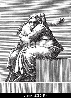 Femme assise avec enfant, Adamo Scultori, d'après Michel-Ange, 1585, gravure vintage. Illustration de Vecteur