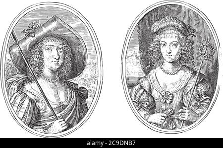 Deux scènes sur une feuille d'album. À gauche, le portrait de la comtesse Anna de Nassau-Siegen comme Anasavia C., gravure ancienne. Illustration de Vecteur
