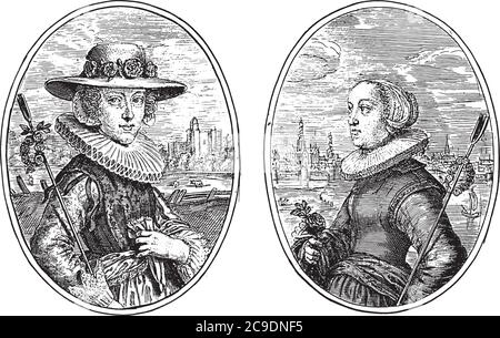 Deux représentations sur une page d'album. Portraits de deux femmes inconnues de Haarlem, toutes deux avec le personnel du berger, comme Falconetta H. et Anhela H., Vintage engr Illustration de Vecteur