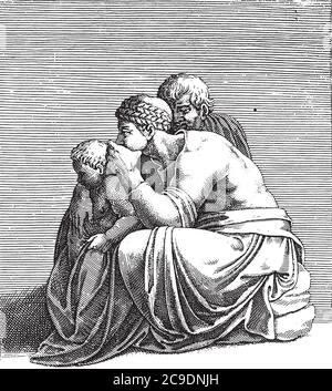 Femme assise avec homme et enfant, Adamo Scultori, après Michel-Ange, 1585, gravure vintage. Illustration de Vecteur