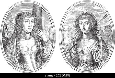 Deux scènes sur une feuille d'album. À gauche, le portrait de Louisa Francisca de Guzman comme Lusitana P.P.T.G.A., gravure ancienne. Illustration de Vecteur