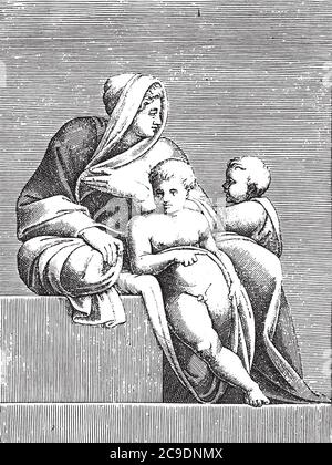 Femme assise avec deux enfants, Adamo Scultori, d'après Michel-Ange, 1585, gravure vintage. Illustration de Vecteur