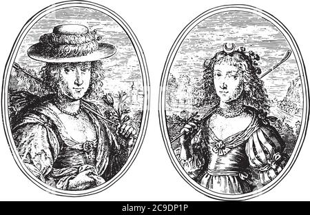 Deux représentations sur une page d'album. Portraits de deux femmes inconnues avec le personnel de berger et des fleurs, gravure vintage. Illustration de Vecteur