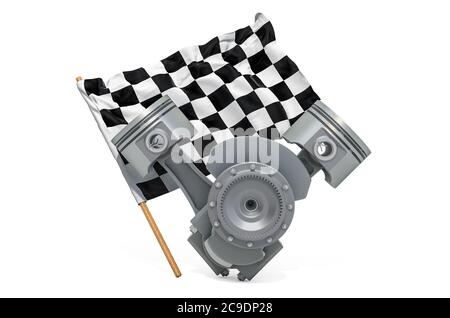 Drapeau à damier avec pistons de moteur V8. Concept de course, rendu 3D isolé sur fond blanc Banque D'Images