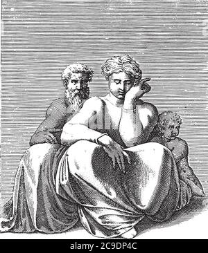 Femme assise avec un vieil homme et un enfant, Adamo Scultori, après Michel-Ange, 1585, gravure vintage. Illustration de Vecteur