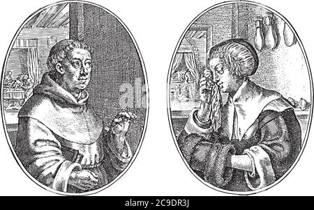 Deux scènes sur une feuille d'album. À gauche, le portrait fictif d'un moine nommé Cornelis, la gravure cupide et vintage. Illustration de Vecteur