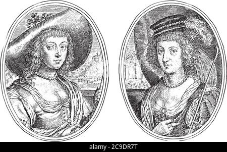 Deux représentations sur une page d'album. Ce sont des portraits de deux femmes de haut rang inconnues comme Amolosa C.S., gravure vintage. Illustration de Vecteur