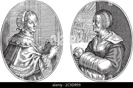Deux scènes sur une feuille d'album. À gauche, le portrait fictif d'une femme d'honneur appelée Alette (ou Aeltjen). Sur la droite le boulanger Janne avec un ch Illustration de Vecteur