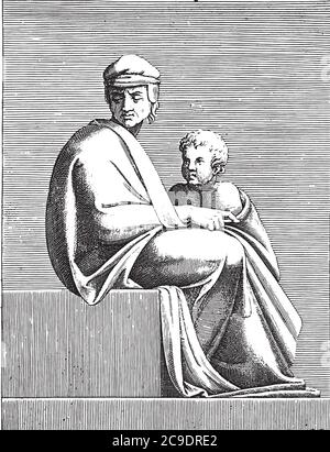 Homme assis avec enfant, Adamo Scultori, d'après Michel-Ange, 1585, gravure vintage. Illustration de Vecteur