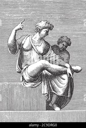 Assis Jeune Homme et enfant, Adamo Scultori, après Michel-Ange, 1585, gravure vintage. Illustration de Vecteur