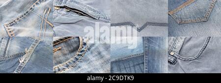 Ensemble de huit jeans en denim bleu, texture, arrière-plan, toile de fond Banque D'Images