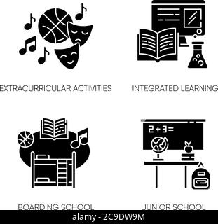 Les icônes de glyphe noir de l'enseignement primaire sont placées dans un espace blanc. École junior avec activités parascolaires et apprentissage intégré. École d'embarquement privée Illustration de Vecteur