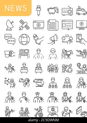 Icônes de contour des actualités définies. Éléments et situations liés aux personnes et aux nouvelles. Illustration de Vecteur