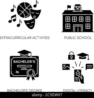 Les icônes de glyphe noir de l'éducation scolaire publique sont placées sur un espace blanc. Activités parascolaires, baccalauréat et alphabétisation numérique. Diplôme et e-learning Illustration de Vecteur
