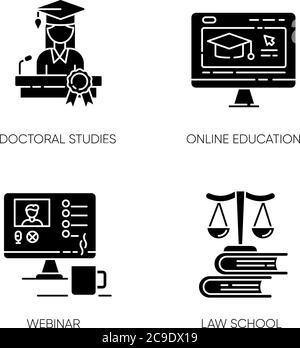 Les icônes de glyphe noir de l'enseignement supérieur moderne sont placées dans un espace blanc. Études doctorales, faculté de droit, cours de formation en ligne et séminaires en ligne symboles de silhouette. D Illustration de Vecteur