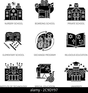 Les icônes de glyphe noir de l'enseignement universitaire sont placées sur un espace blanc. Symboles silhouette des services scolaires publics et privés. Éducation inclusive et exchan étudiant Illustration de Vecteur