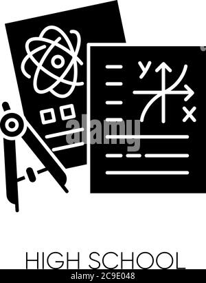 Lycéen noir icône de glyphe. Enseignement secondaire, matières académiques, symbole de silhouette scientifique sur l'espace blanc. Tests de lycée. Physique, géométrie ho Illustration de Vecteur