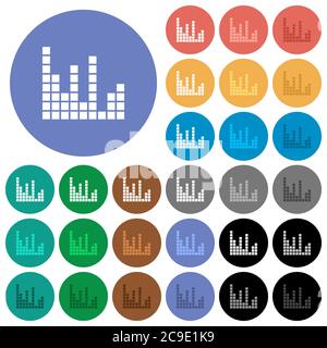 Barres de son icônes plates multicolores sur fond rond. Inclut des variantes d'icônes blanches, claires et sombres pour les effets de survol et d'état actif, ainsi que le bonu Illustration de Vecteur