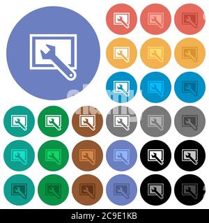 Paramètres d'écran icônes plates multicolores sur arrière-plans ronds. Inclut des variantes d'icônes blanches, claires et sombres pour les effets de survol et d'état actif, et Illustration de Vecteur